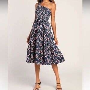 NWT Lulu's Navy Pink Floral Smocked Tiered Midi Dress Size Small One Shoulder